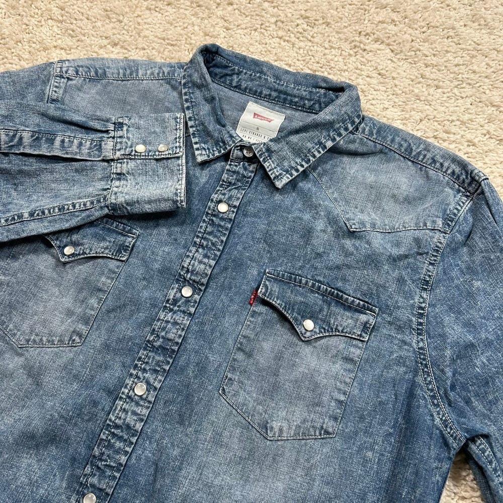 Levi's Denim Western Shirt XL Blue Acid Wash Pearl Snap Long Sleeve Jean